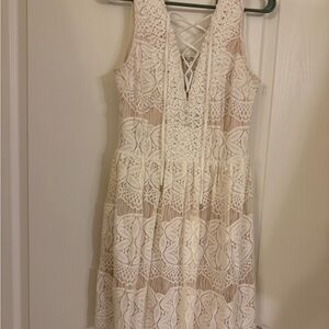 Soieblu Elegant Ivory Lace with nude slip inside V/Backless zipper Dress